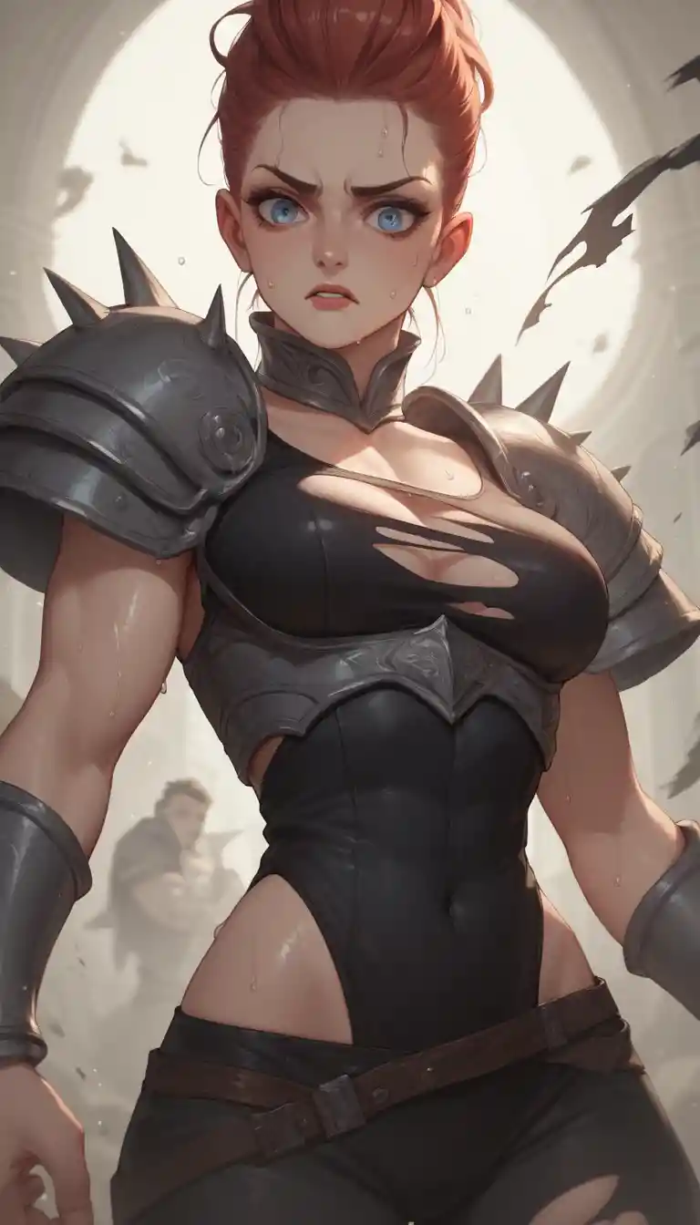 Anime warrior princess collapsed on a dimly lit stage