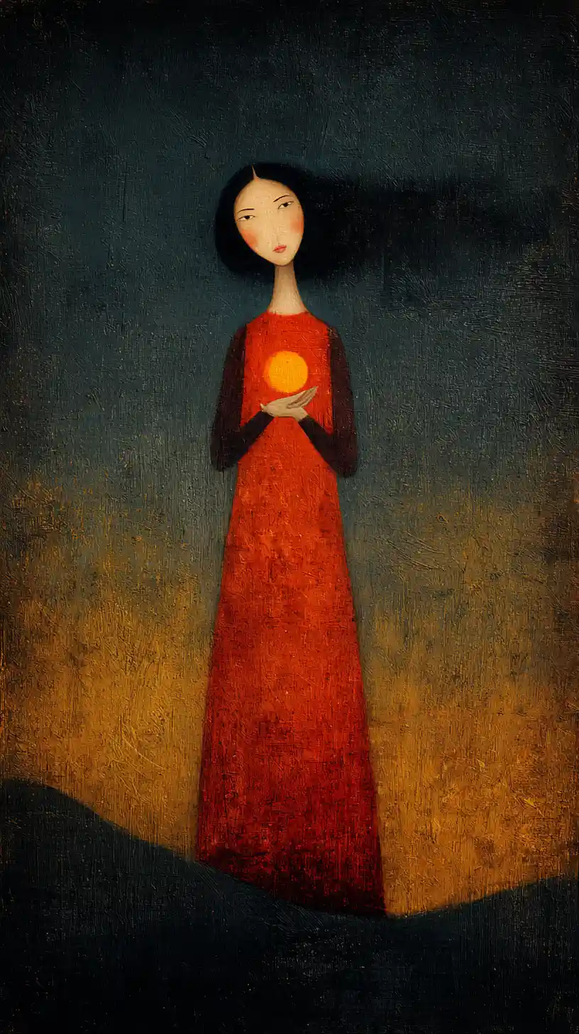 Surreal guiding woman bathed in warm glowing colors