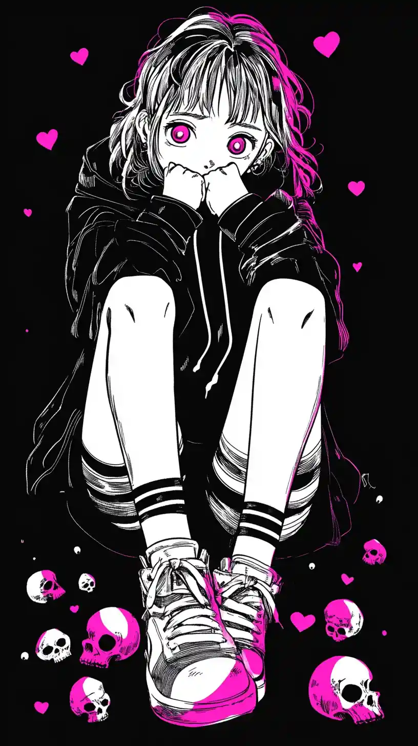Rebellious manga girl with magenta eyes and skull background