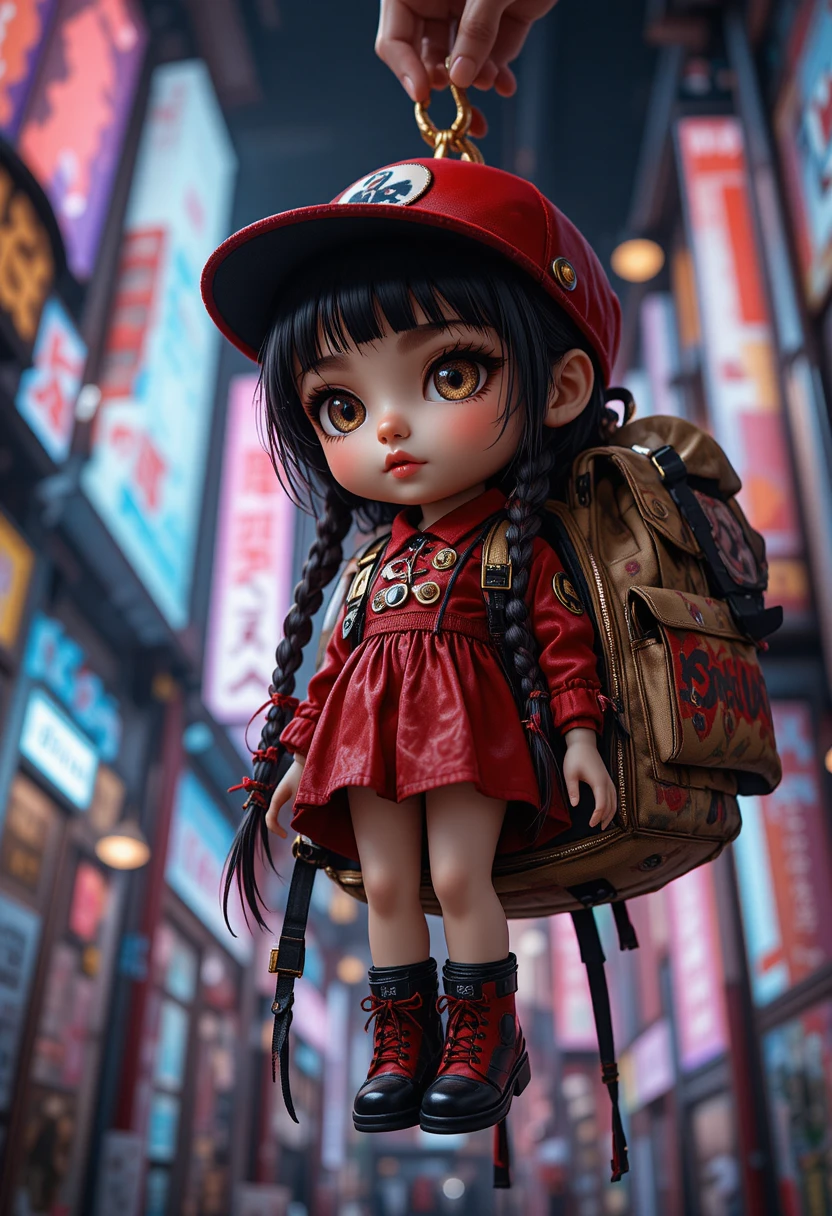 Scarlet rag doll hanging from a Harajuku style backpack