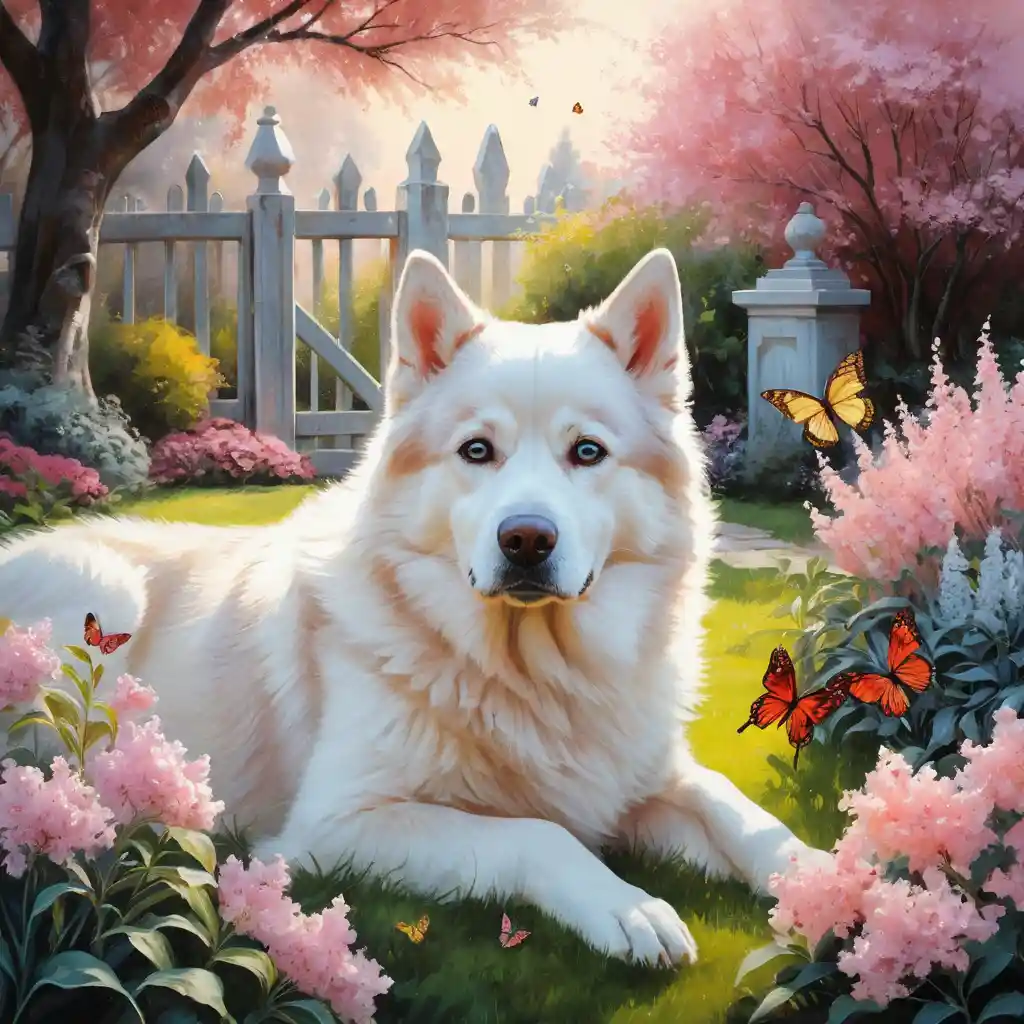 Fluffy Garden Dog Napping Among Spring Flowers and Butterflies
