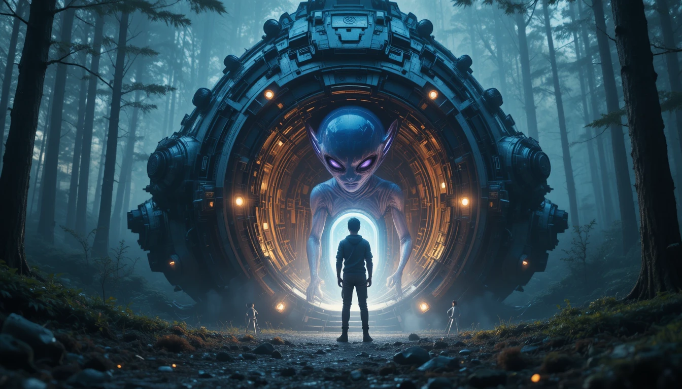 Spaceship farewell between alien and boy in glowing forest