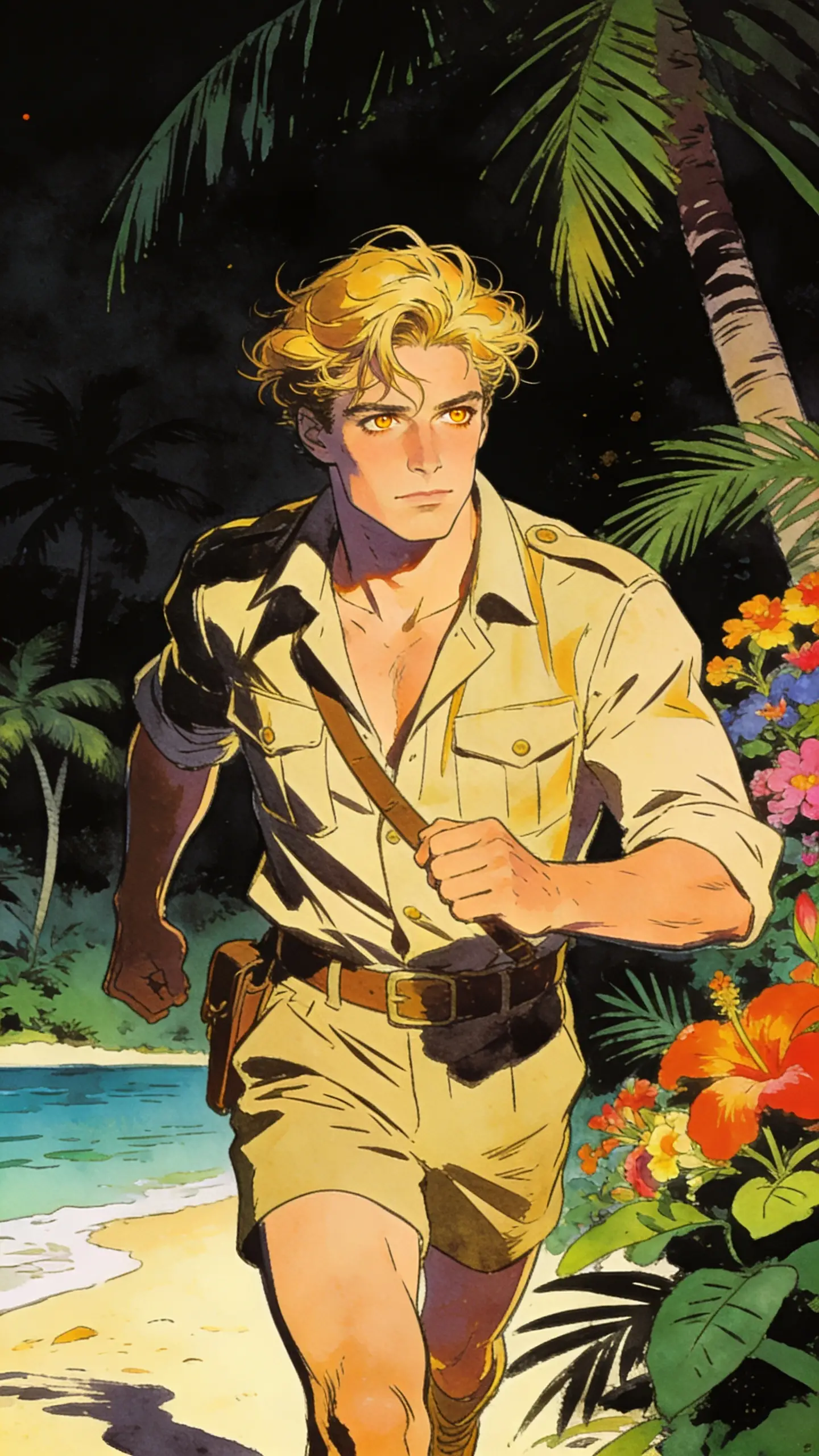 Giovane avventuriero biondo che cammina in un paradiso tropicale