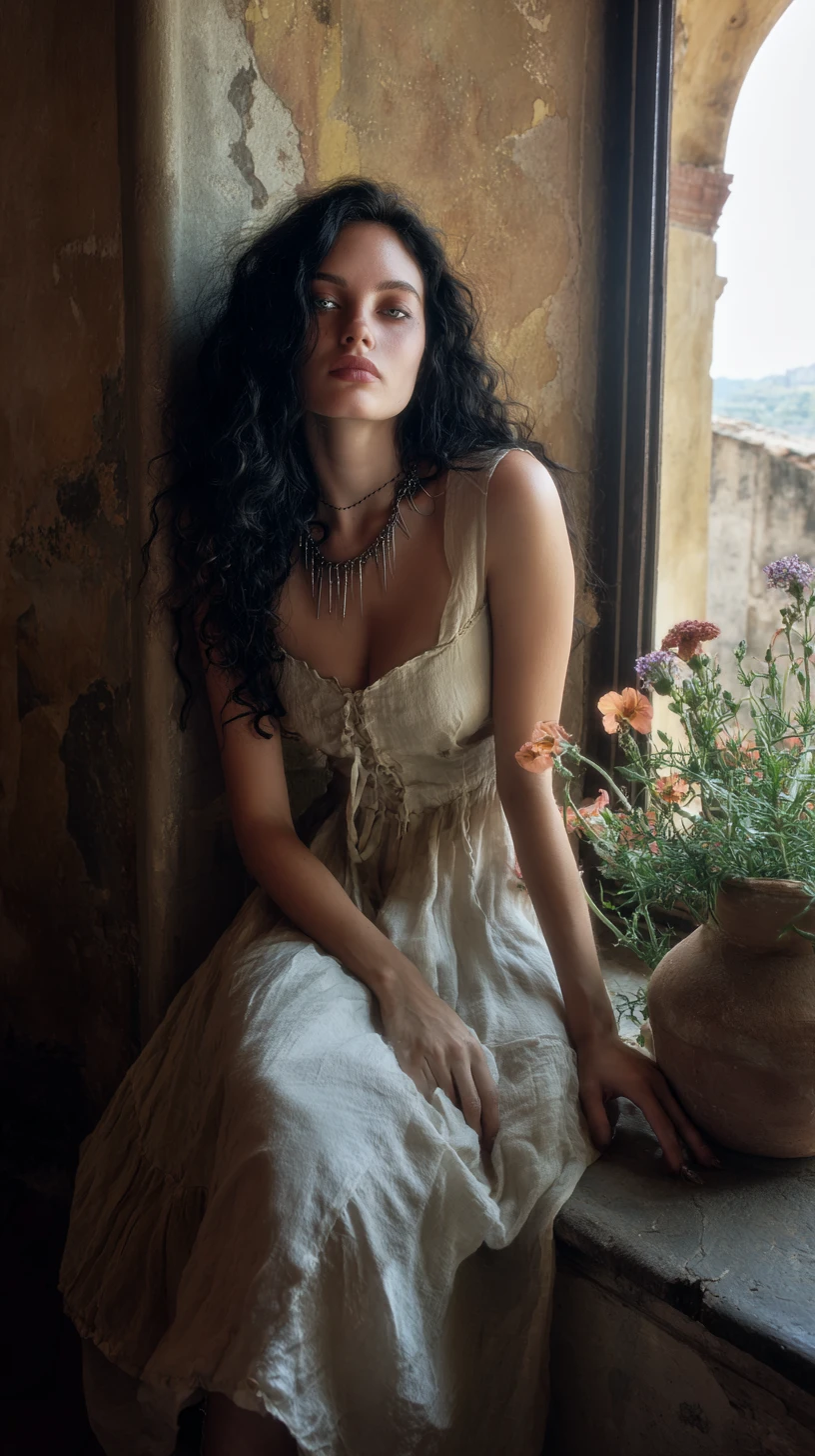 Roman woman on stone bench in a sunlit Tuscan courtyard