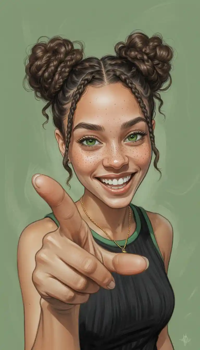 Playful girl caricature pointing forward with bright green eyes