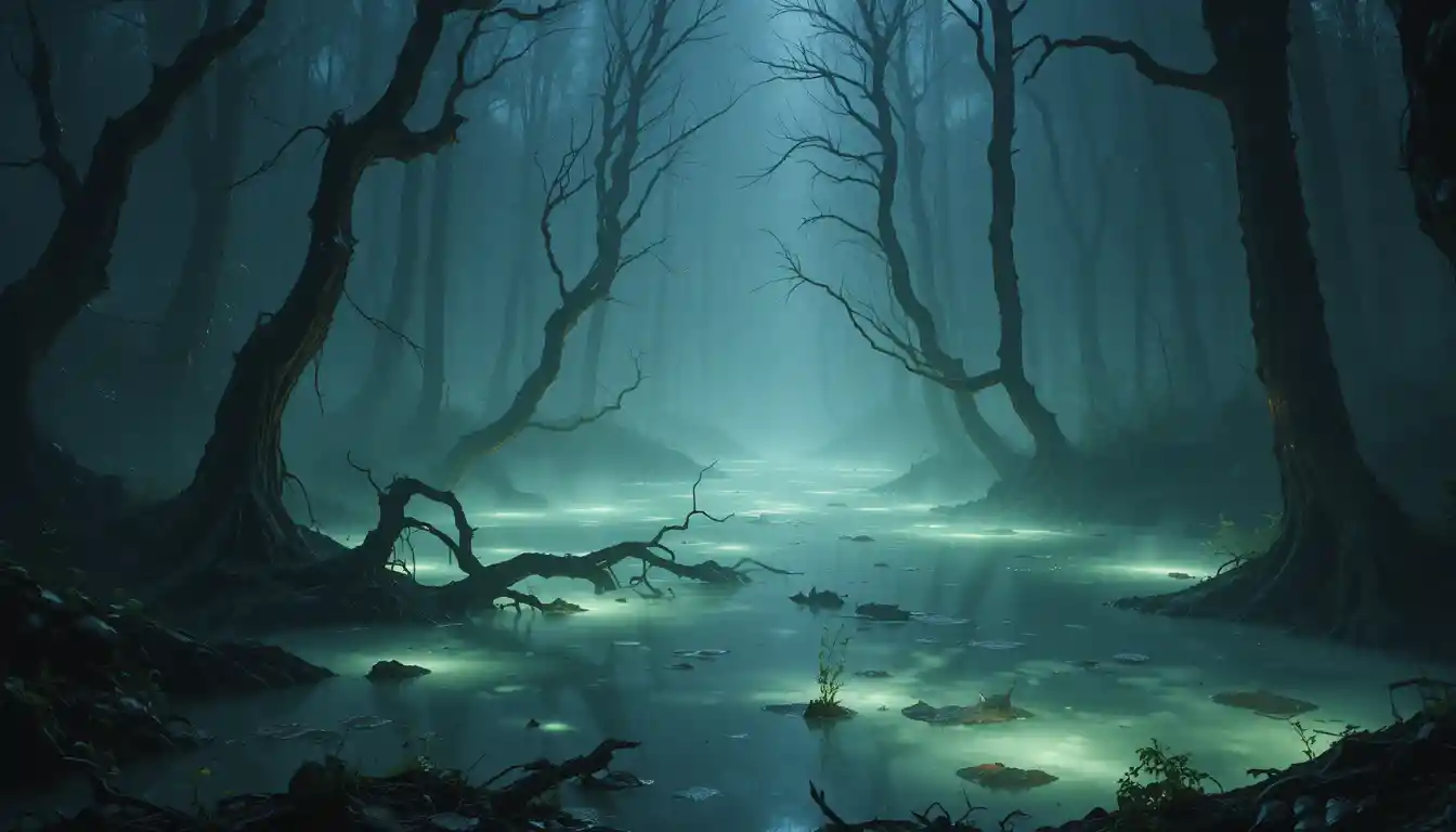 Glowing pond in a misty ancient forest clearing