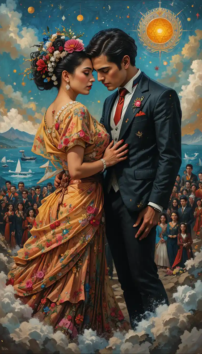 Surreal couple sharing a bittersweet farewell embrace