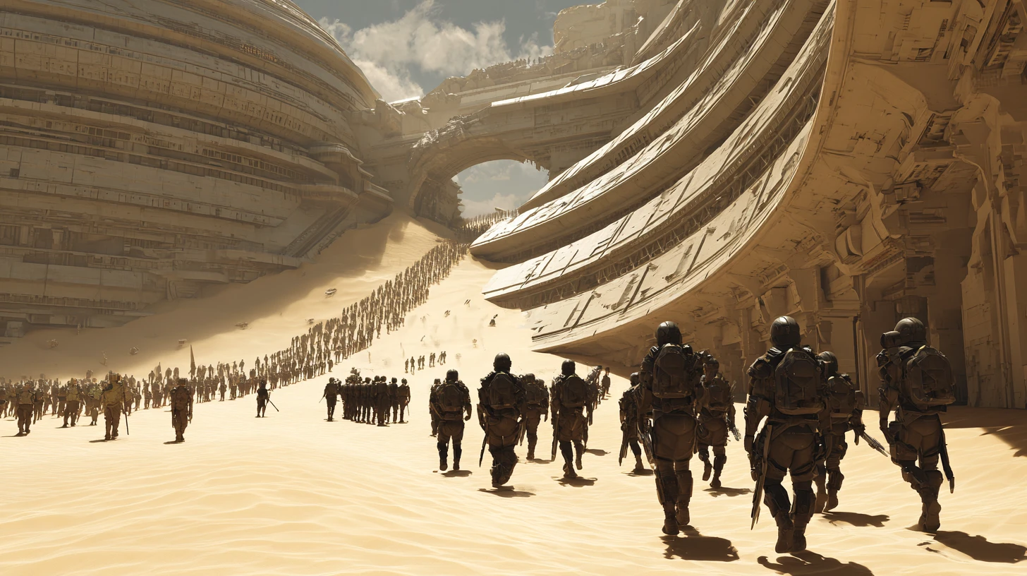 Vast futuristic arena filled with a massive dune army
