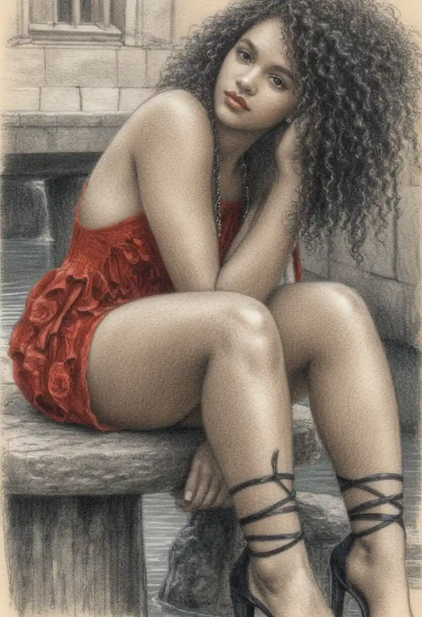 Young black woman in halter dress by stone fountain