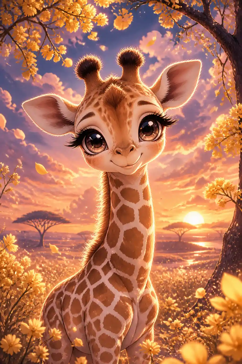 Cute anime baby giraffe beside acacia trees at sunset