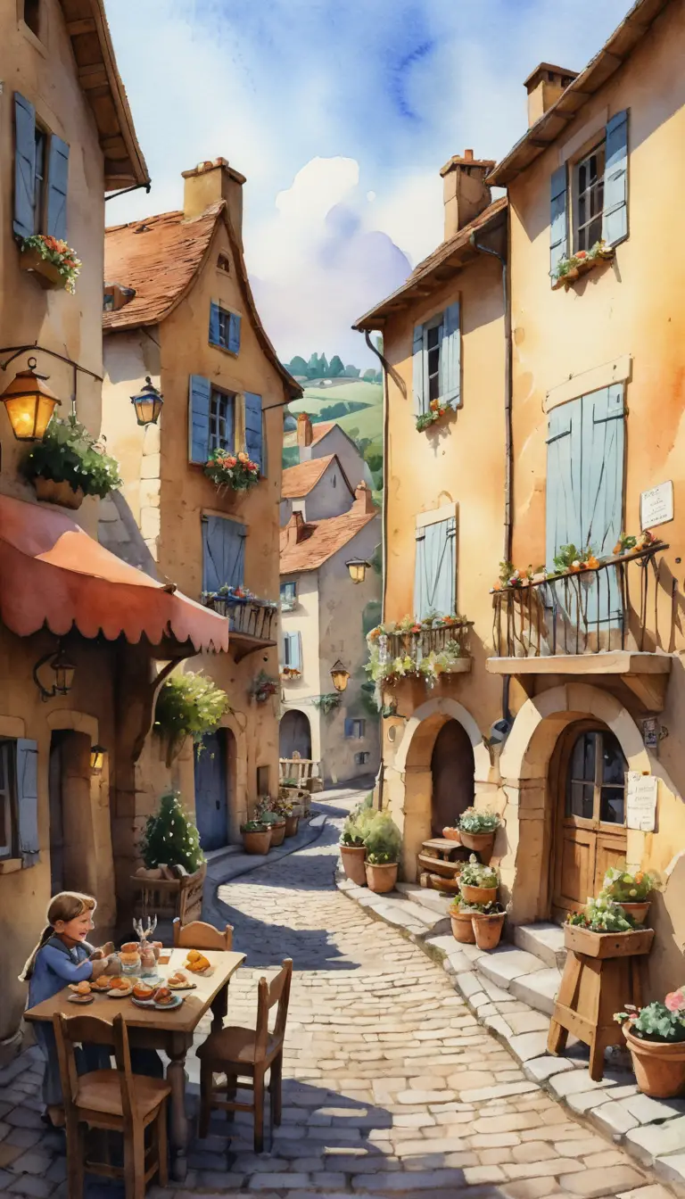 Warm old village watercolor with festive crowd scene