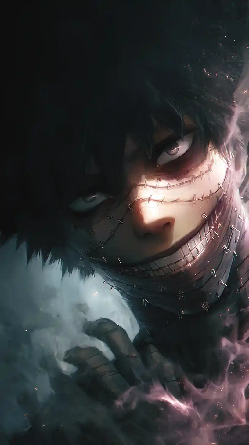 Sinister anime villain portrait with stapled scarred face