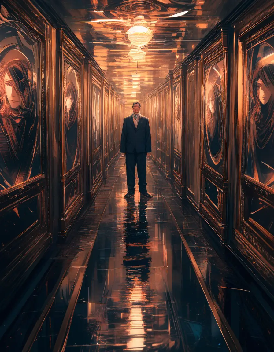 Creepy figure reflected in mirrors along a dim hallway