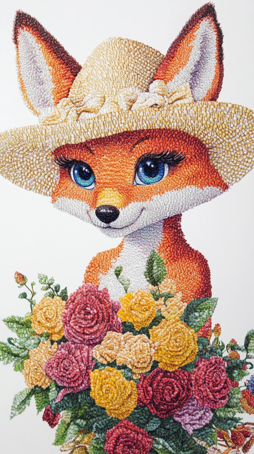 Cute anthropomorphic fox with roses in colored pencil style