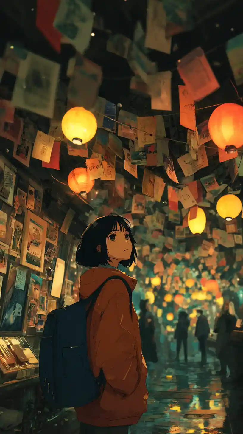 Anime girl gazing up at lanterns in indoor market