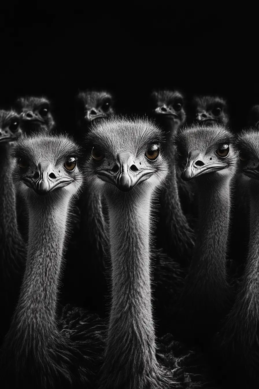 Dramatic Black And White Portrait Of A Crowd Of Ostriches