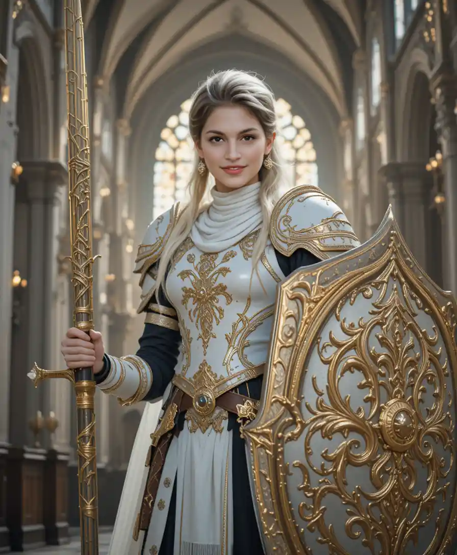 Armored knight woman standing in a grand gothic cathedral