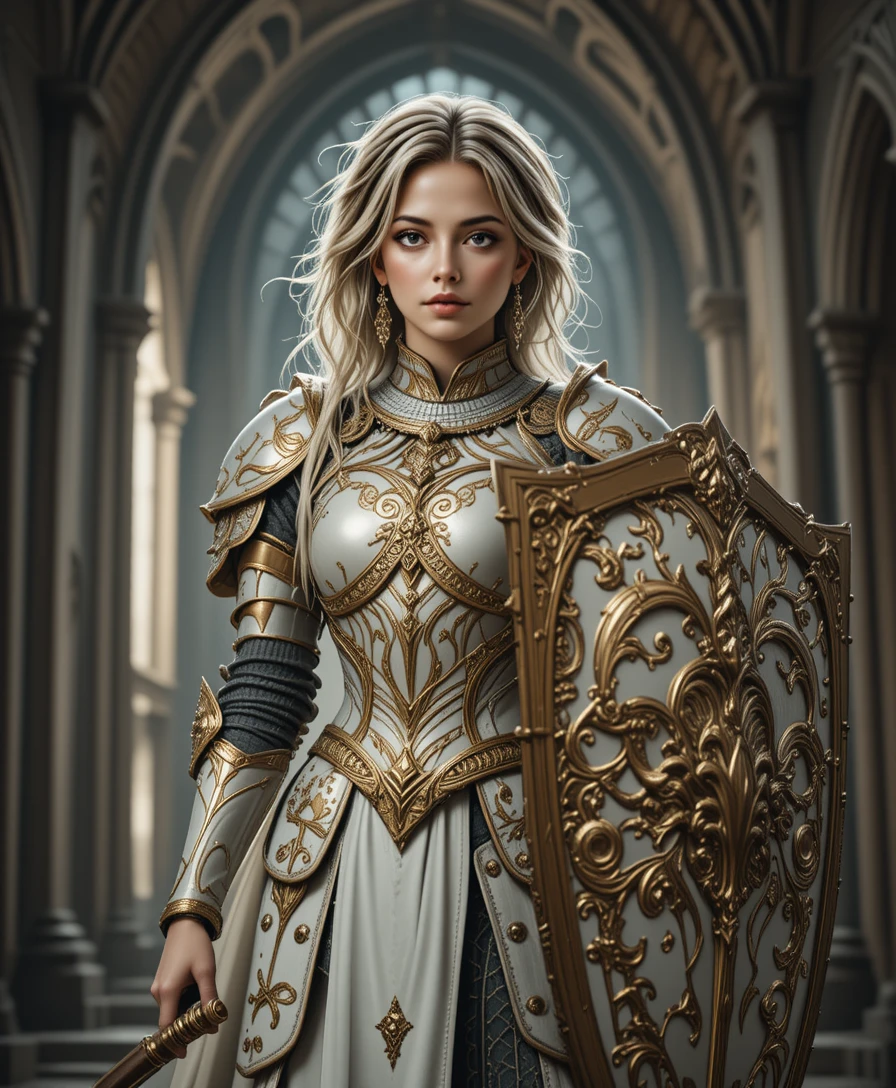 Armored female knight in a grand gothic cathedral