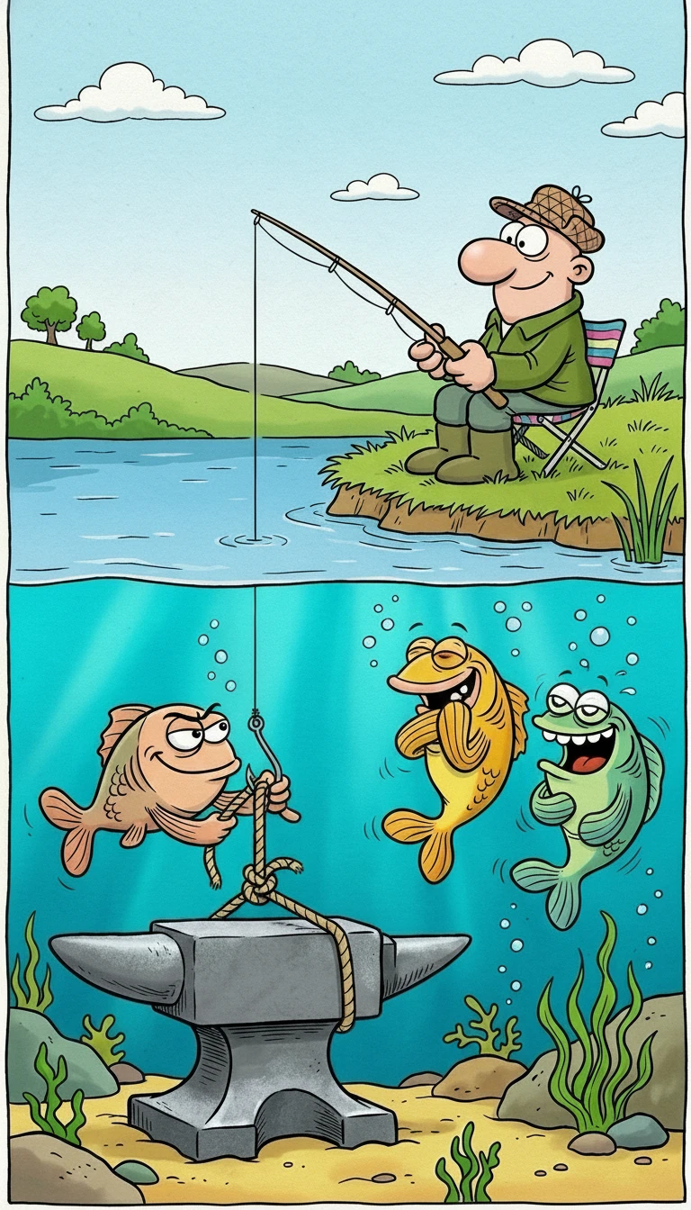 Divisão de tela bem-humorada com pescador e peixe brincalhão debaixo d’água