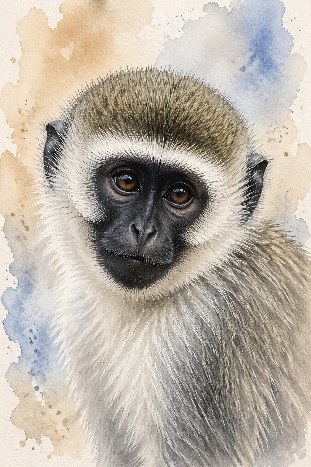Watercolor close up of a vervet monkey with soft abstract background