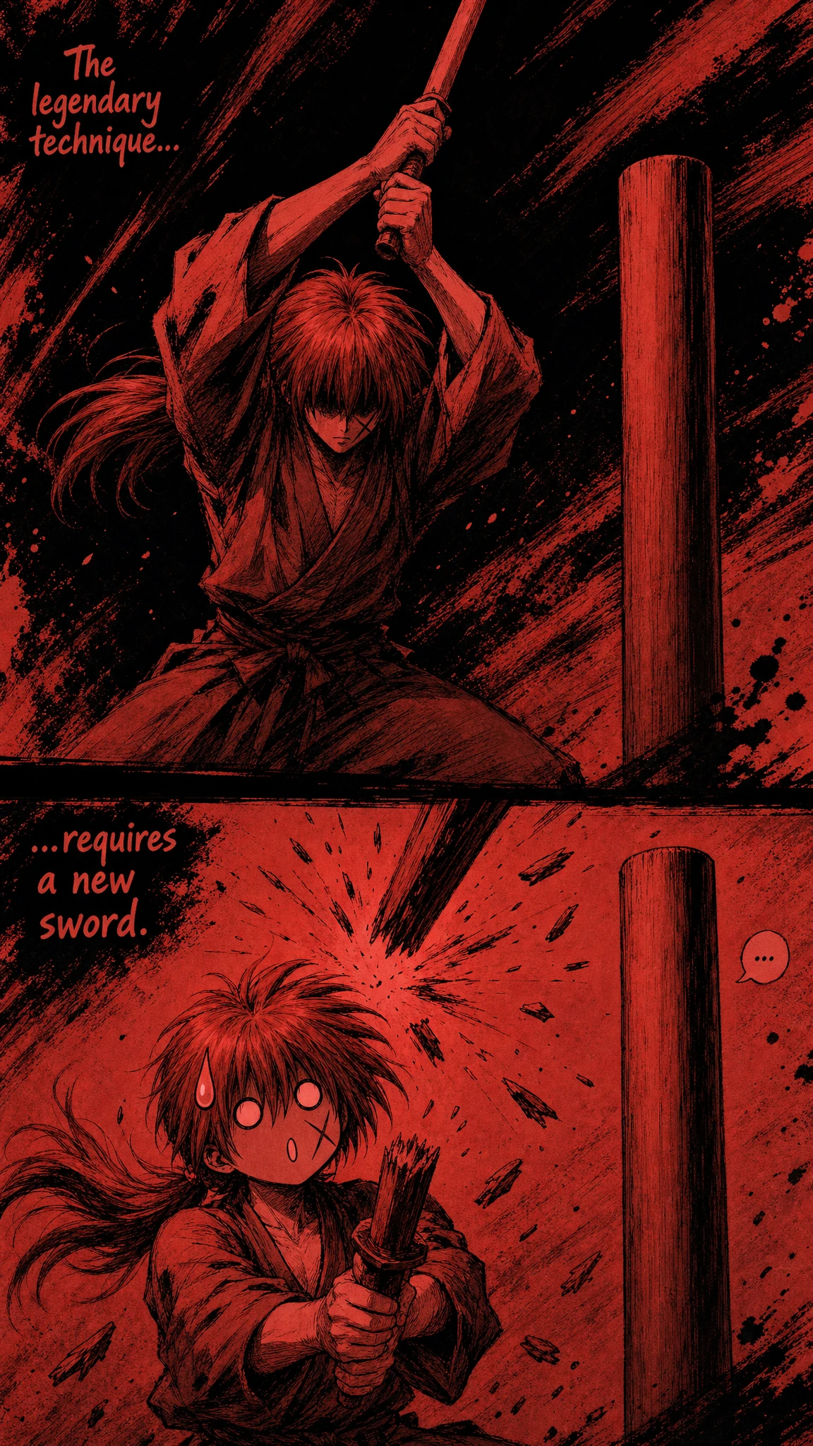 Samurái entrenando con swing y broma de espada de madera rota
