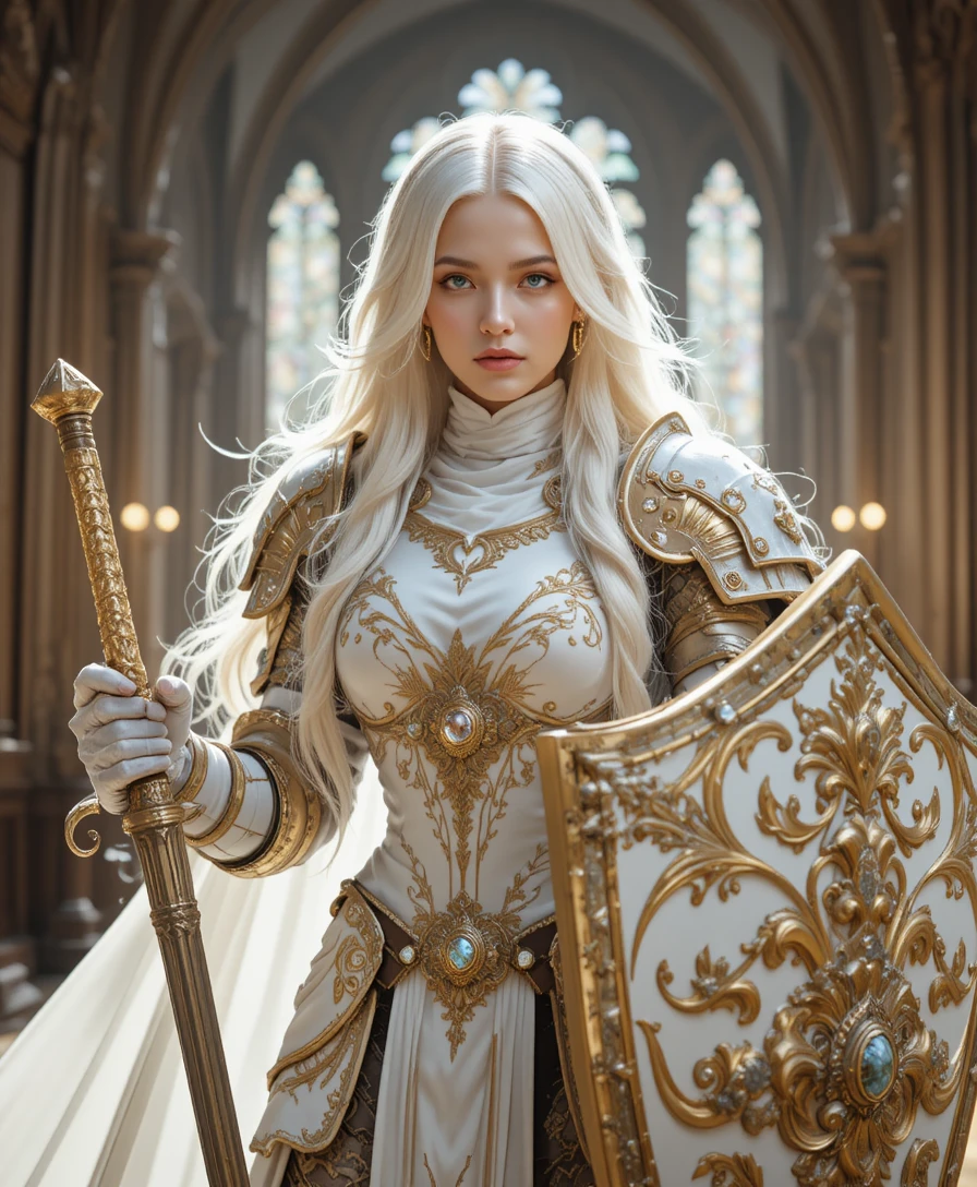 Armored female knight in a grand gothic cathedral
