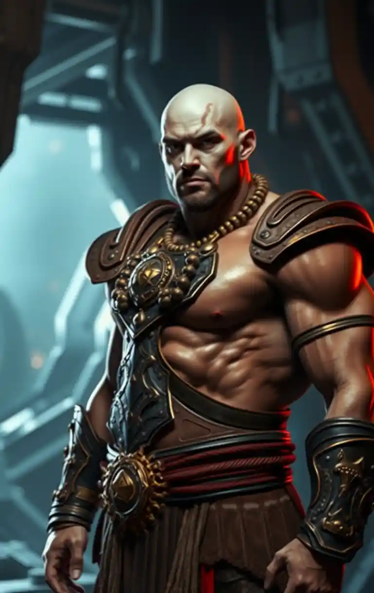 Muscular bald warrior in ornate gold armor