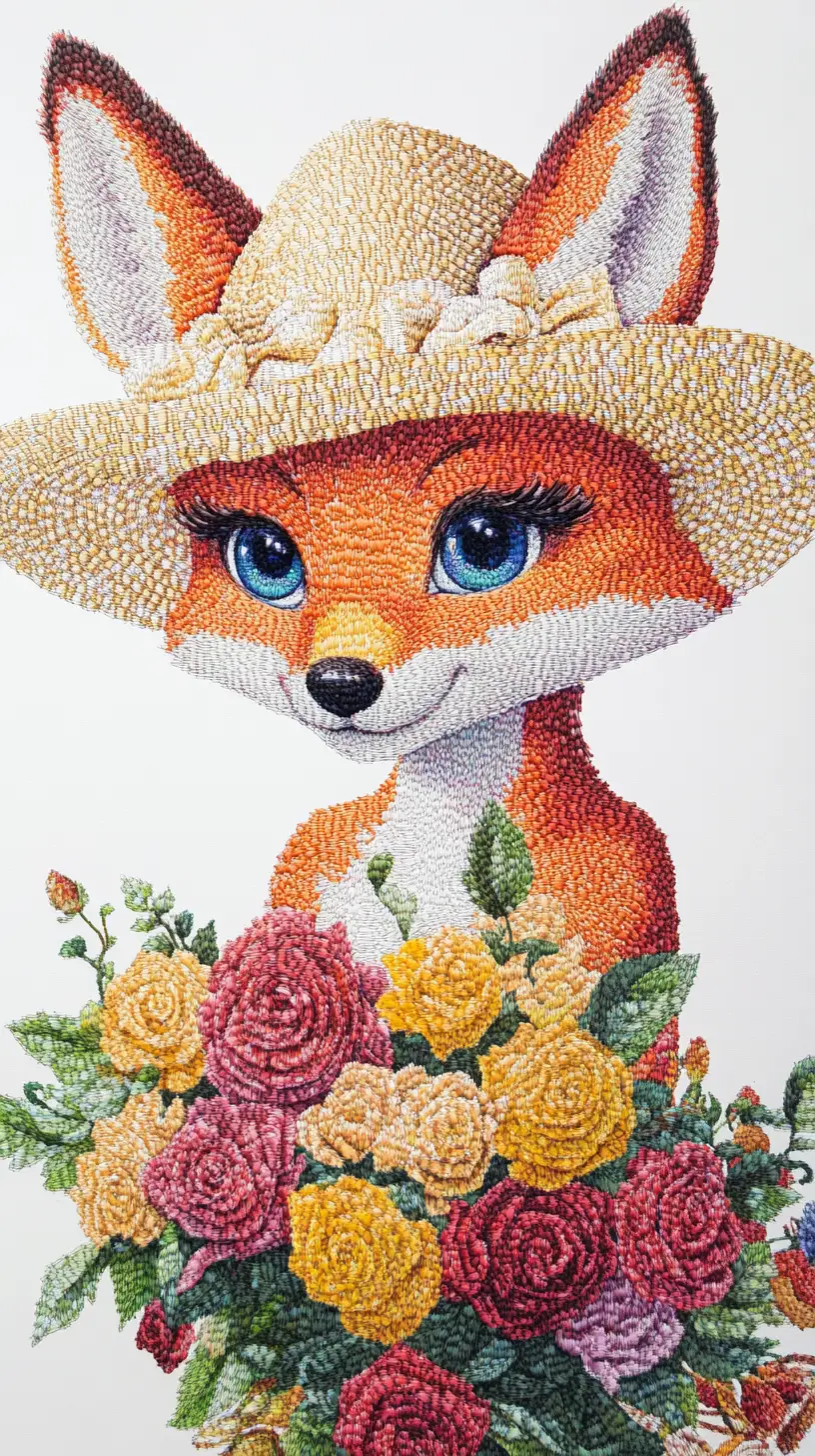 Cute anthropomorphic fox with roses in colored pencil style