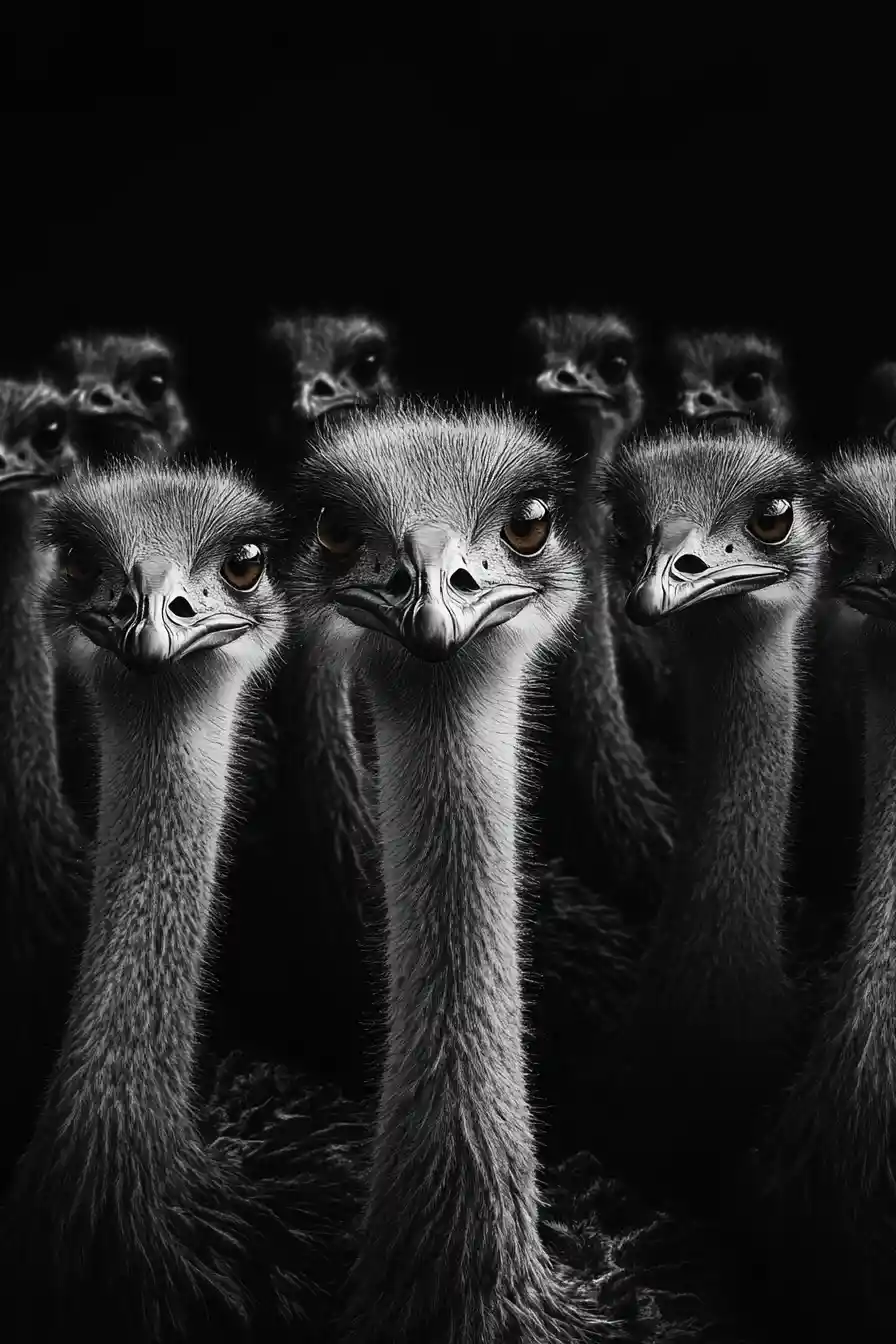 Dramatic Black And White Portrait Of A Crowd Of Ostriches