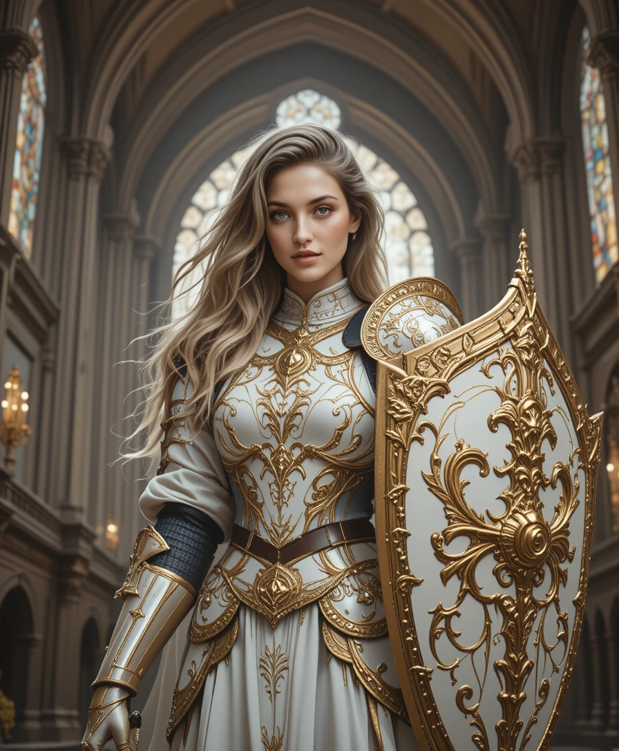 Armored female knight standing in grand gothic cathedral