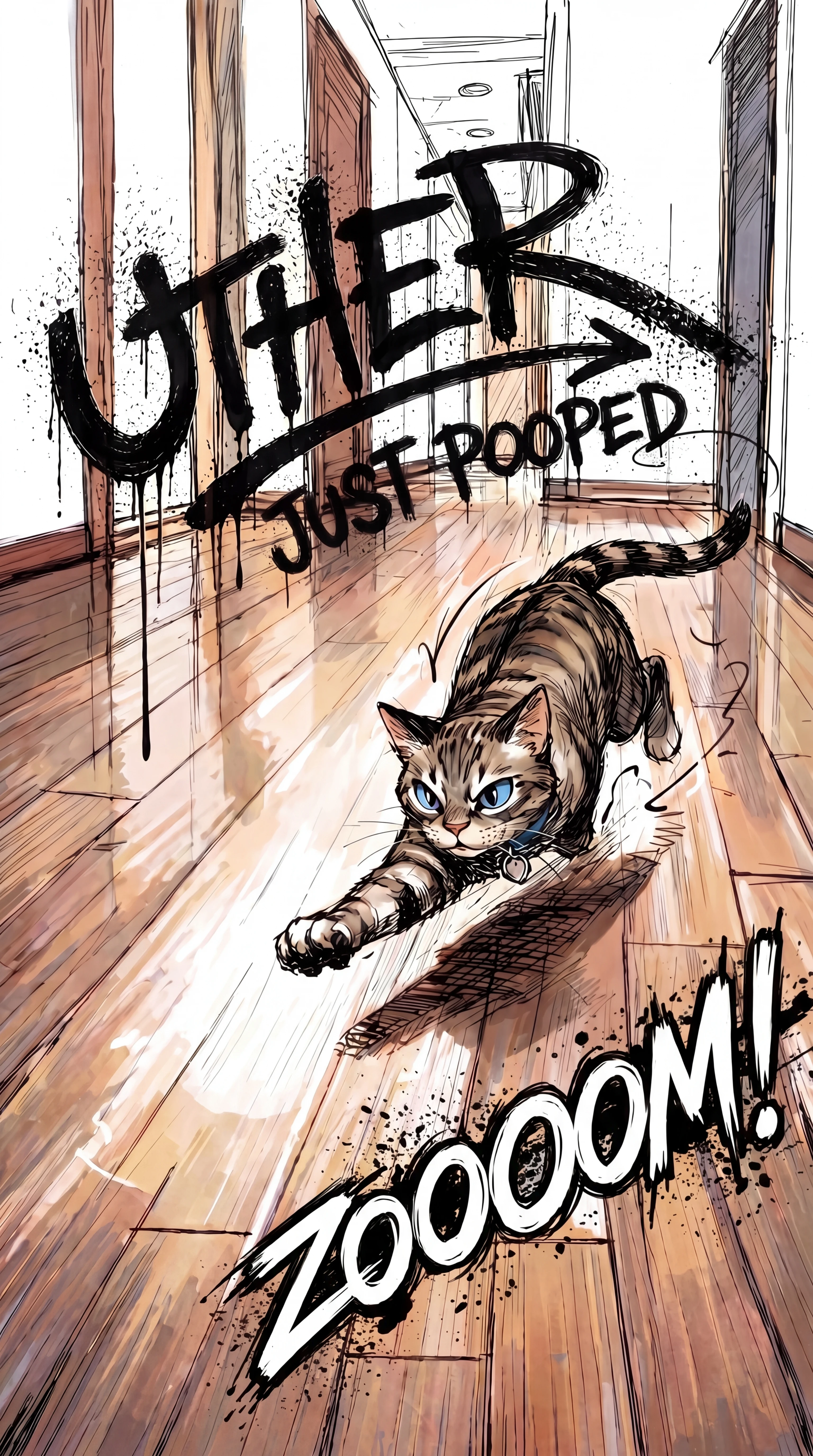 Gato ilustrado con tipografía de zoom al estilo manga