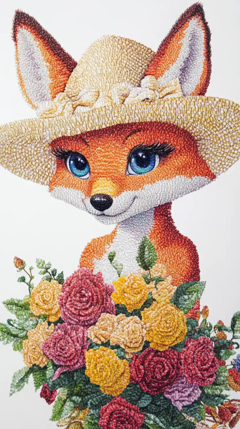 Zorro antropomórfico tierno con rosas en estilo lápiz de colores