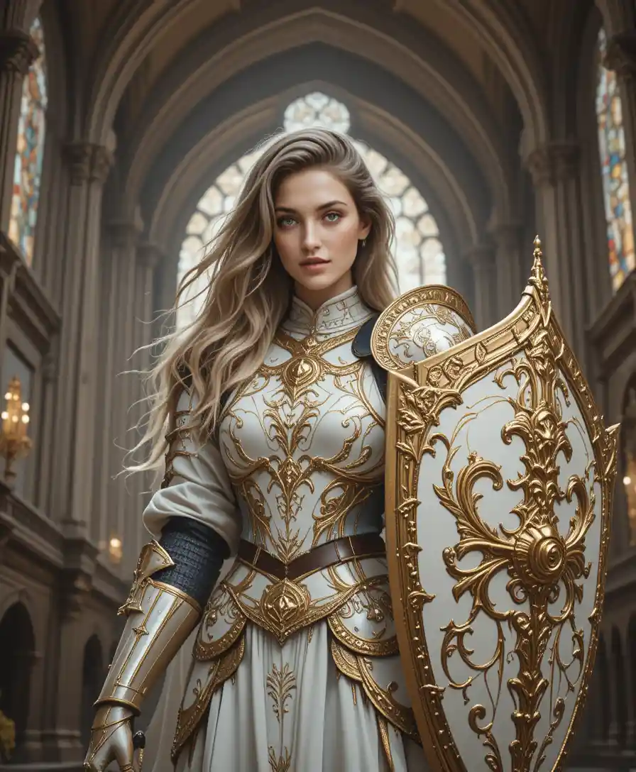 Armored female knight standing in grand gothic cathedral