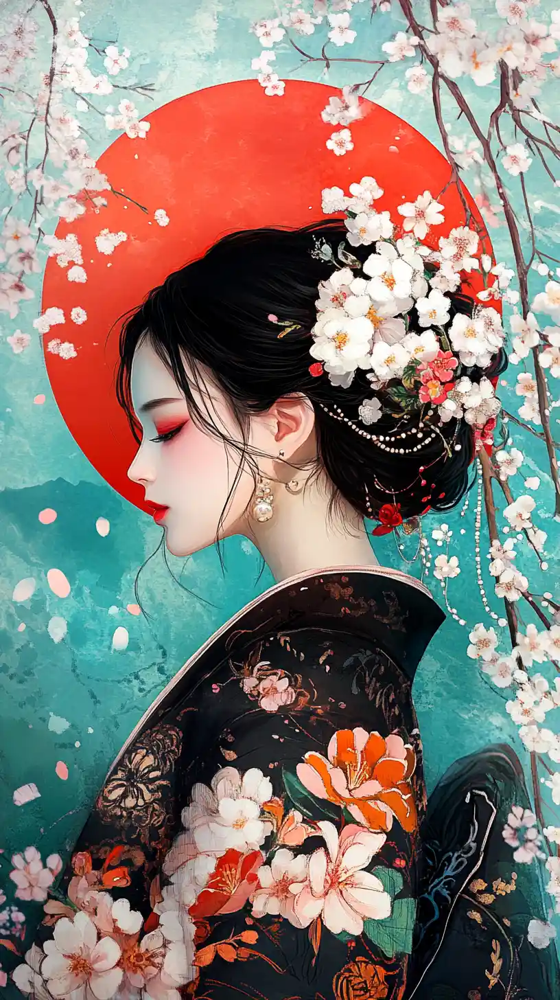 Young woman in floral kimono amid floating cherry blossoms