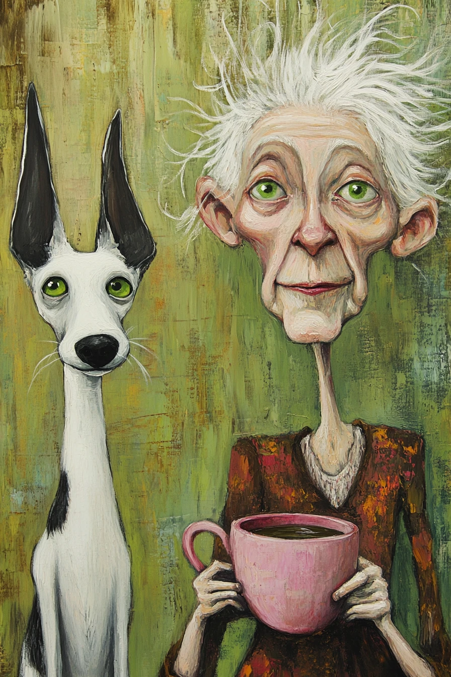 Whimsical folk art woman with dog on green textured background