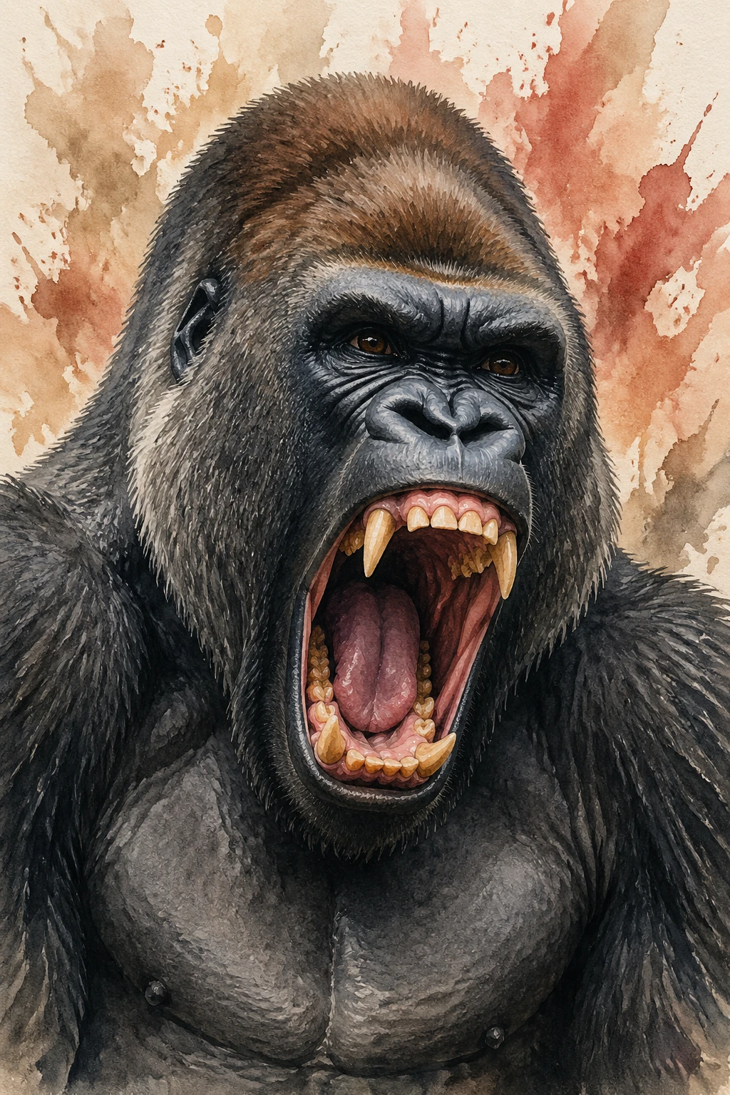 Realistic watercolor close up of a roaring gorilla