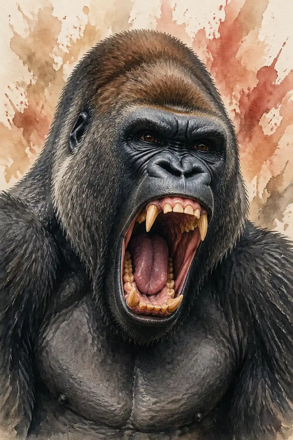 Realistic watercolor close up of a roaring gorilla