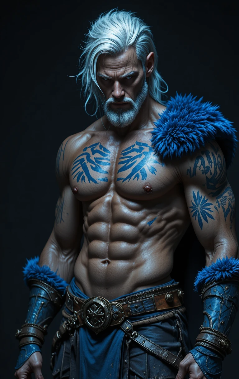 White haired tribal warrior in blue fur trimmed armor