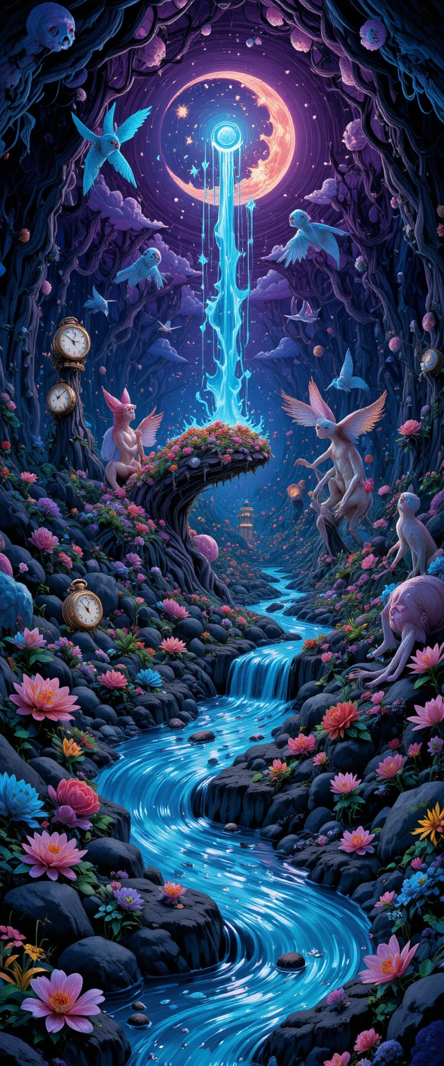 Surreal dream world with whimsical creatures and melting clocks