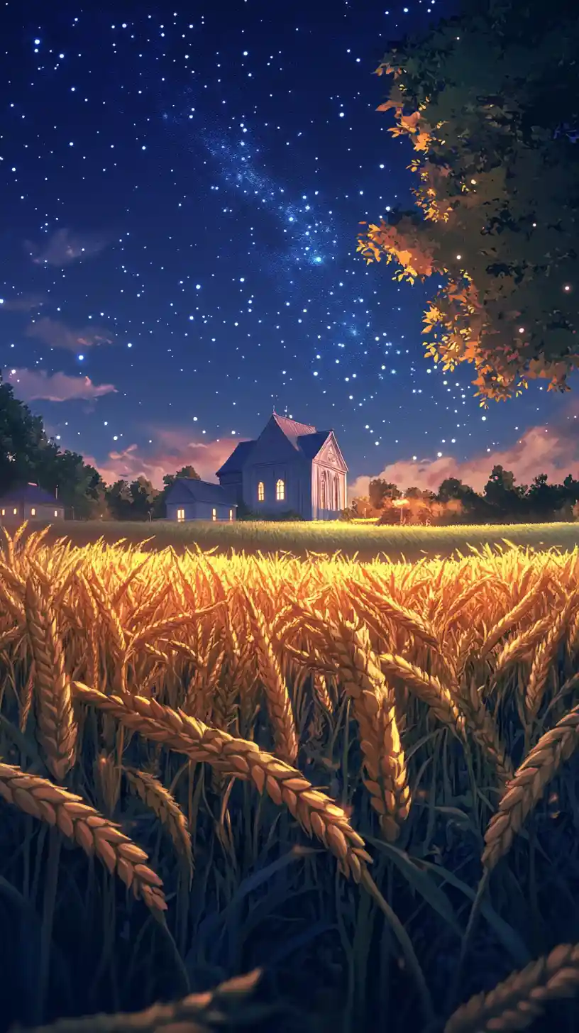 Moonlit cathedral rising beyond a quiet wheat field