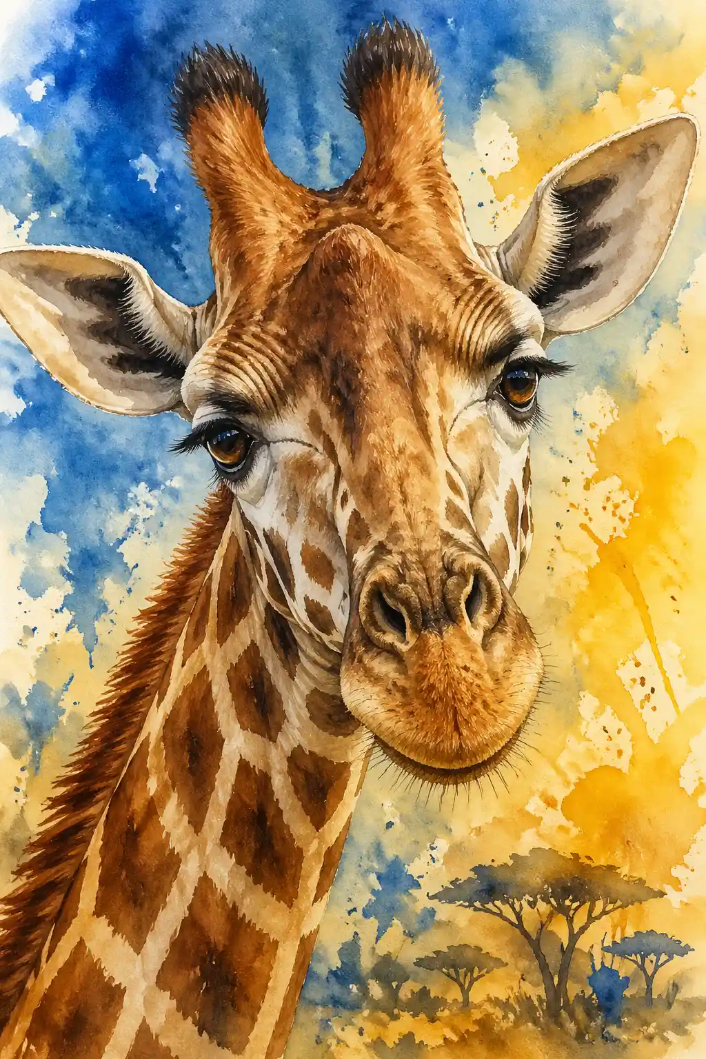Watercolor close up of a giraffe head with colorful background