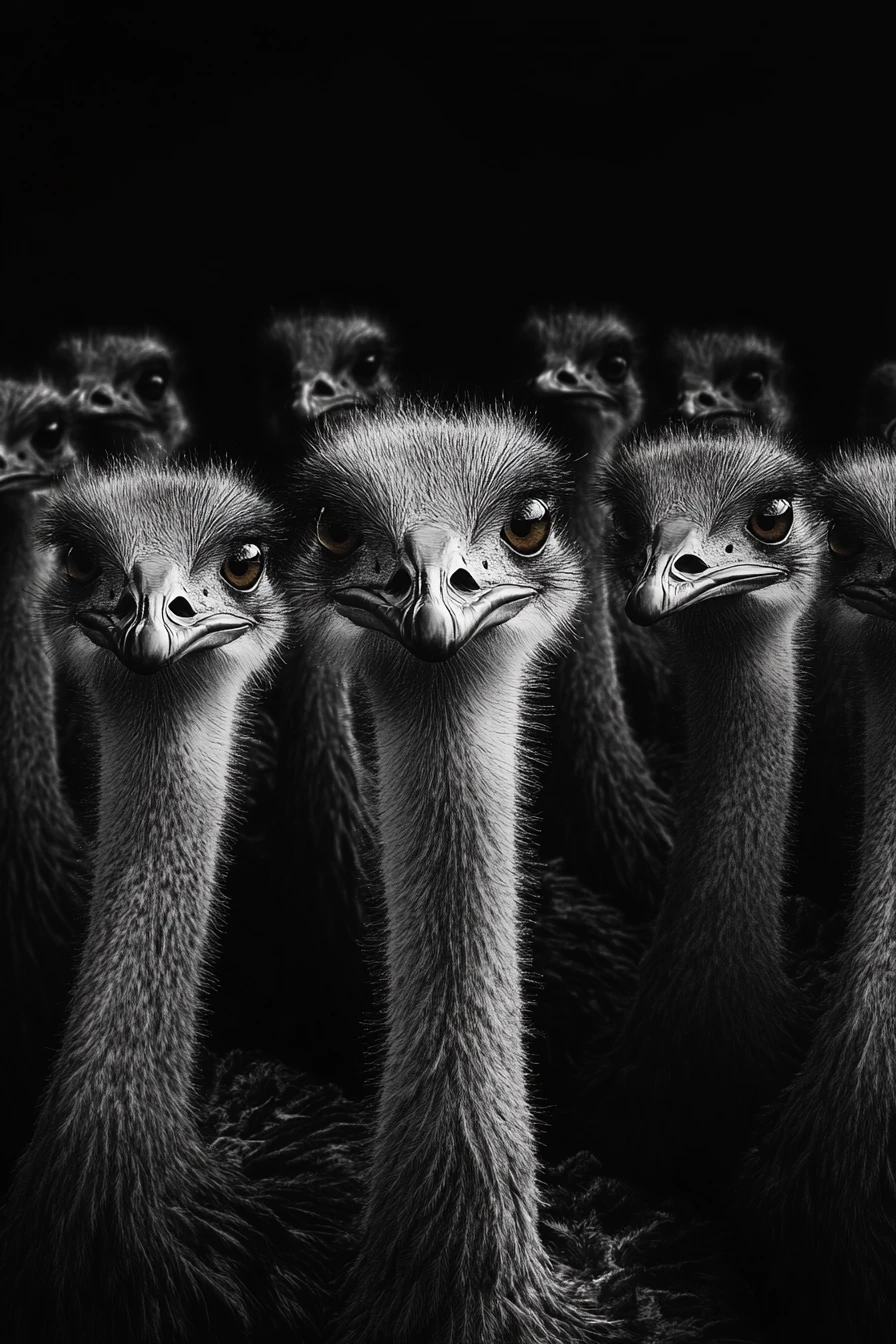Dramatic Black And White Portrait Of A Crowd Of Ostriches