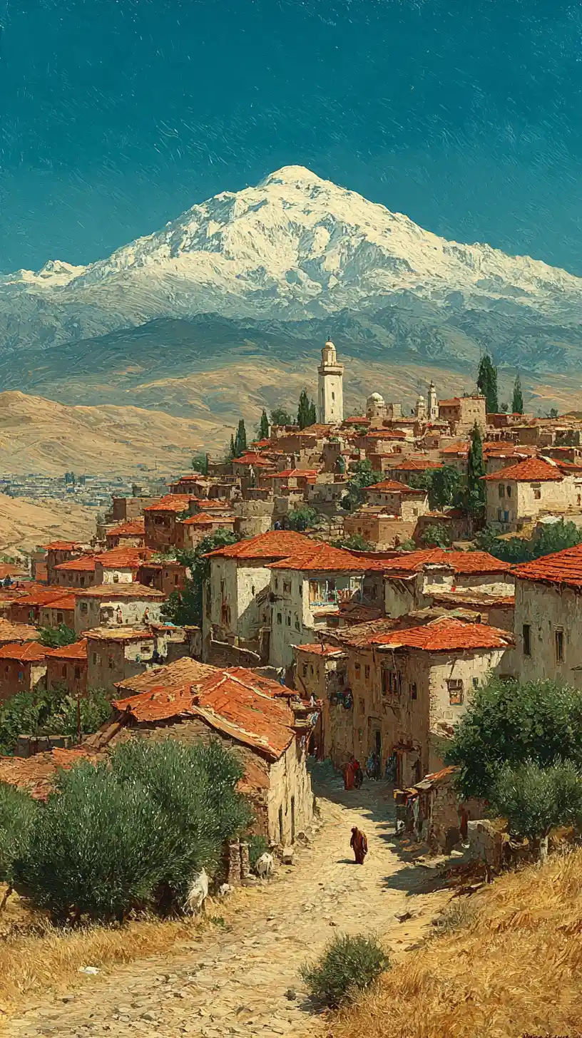 Victorian oil painting of snow capped Kabylie mountains