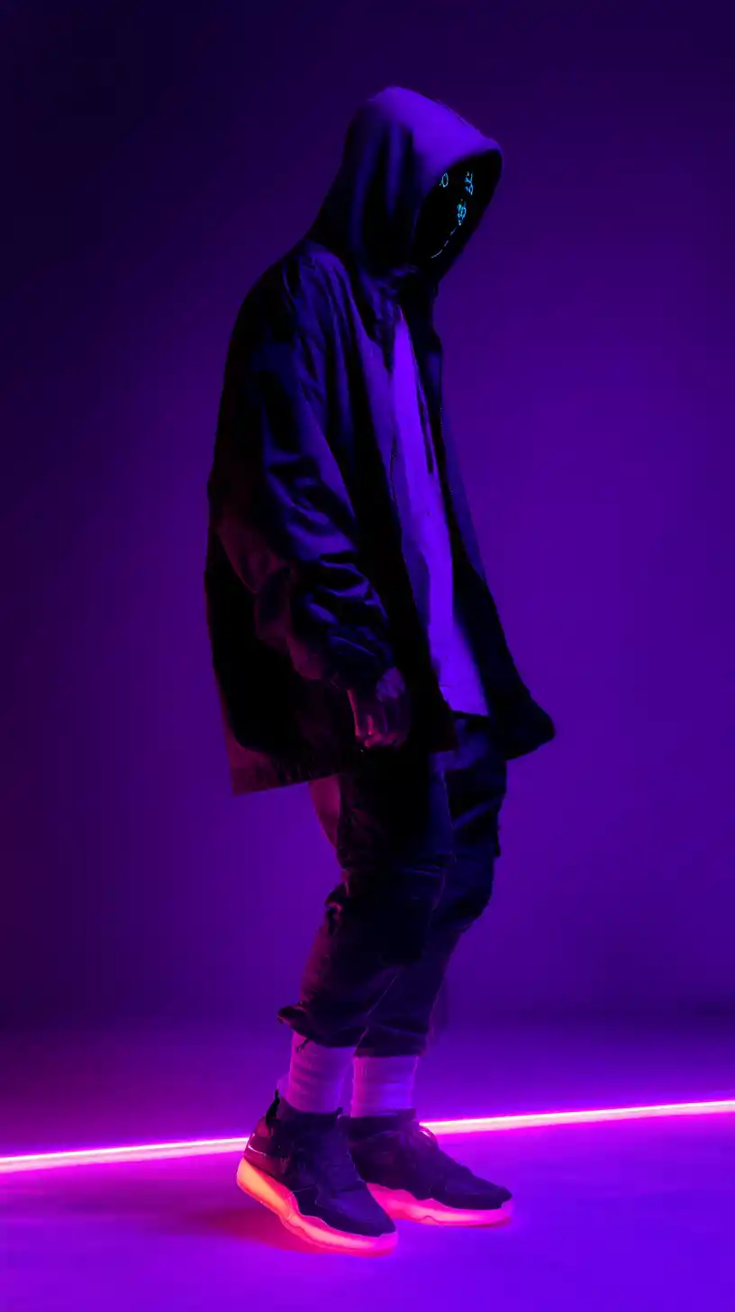 Cyberpunk fashion man in neon purple studio lighting