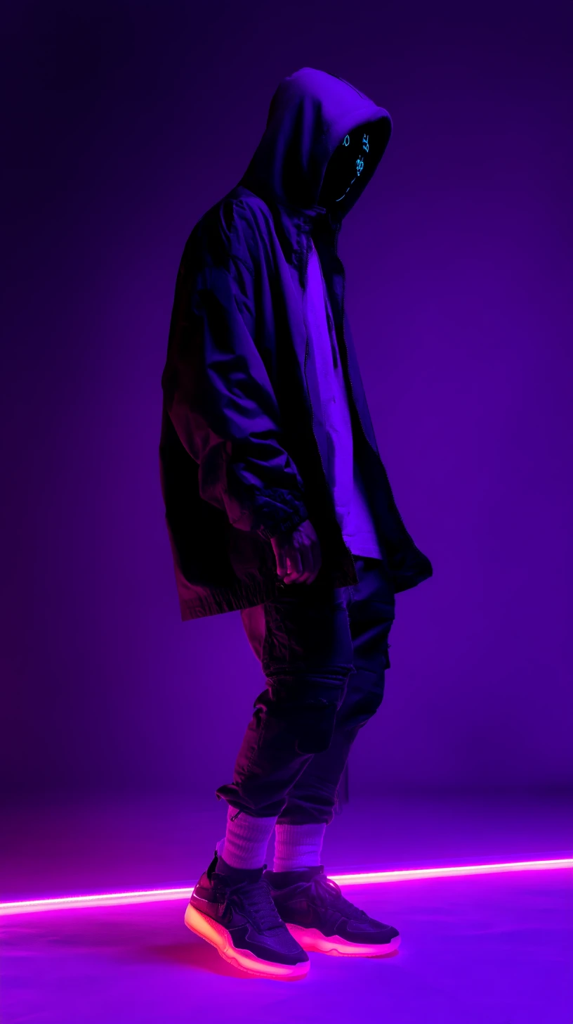 Cyberpunk fashion man in neon purple studio lighting