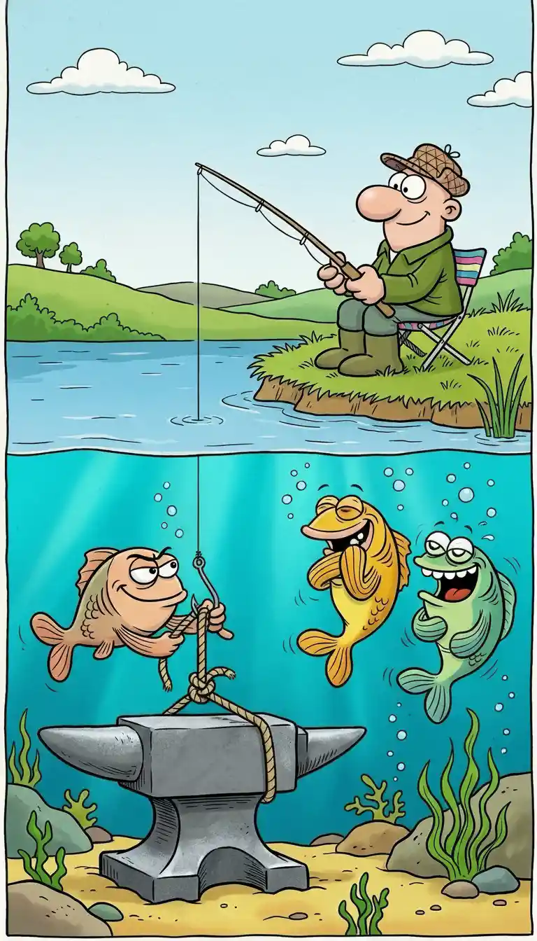 Humorous split screen of angler and prankster fish underwater