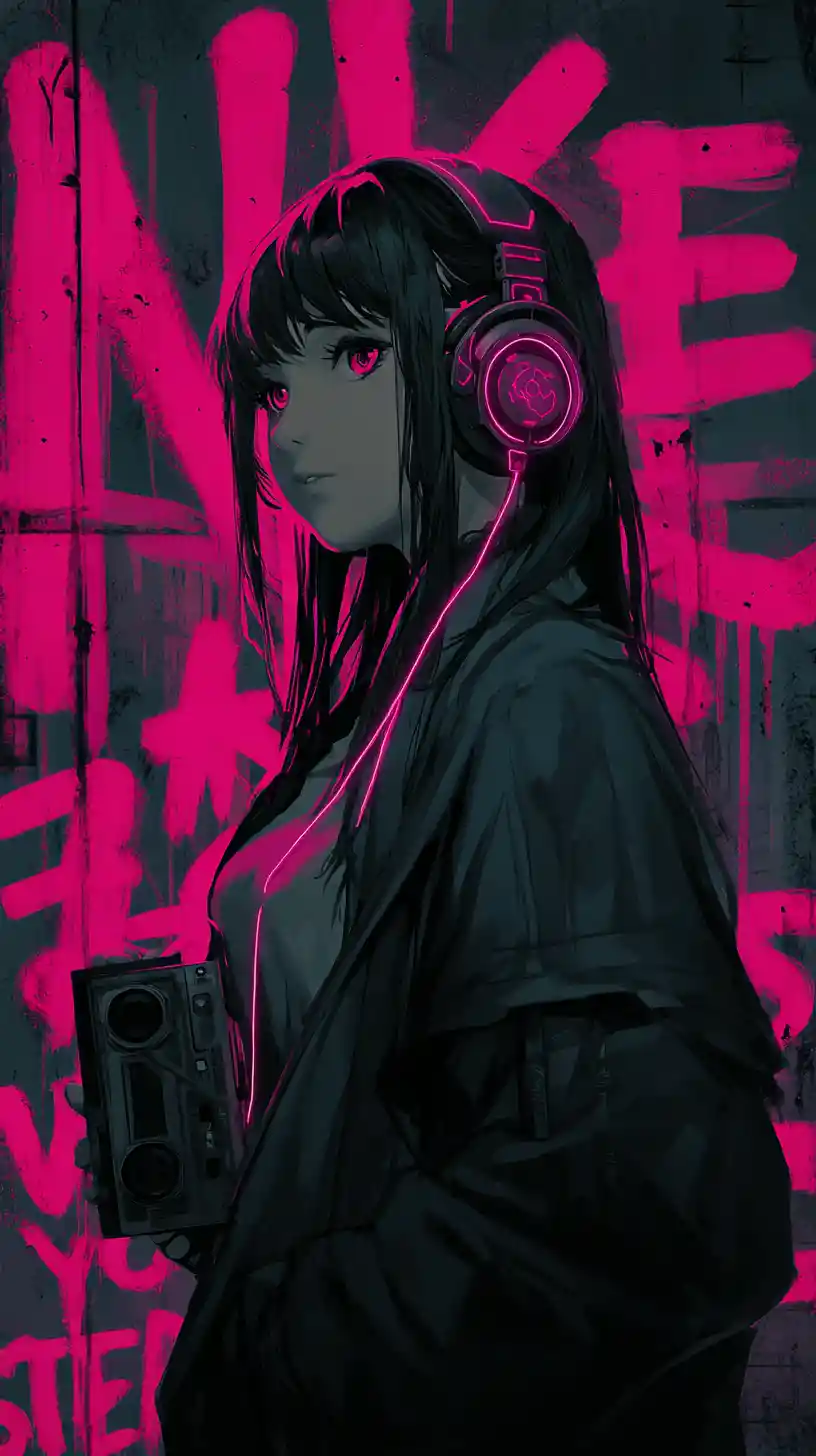 Anime girl with neon headphones in dark urban graffiti scene