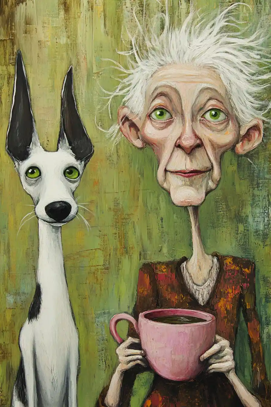 Whimsical folk art woman with dog on green textured background