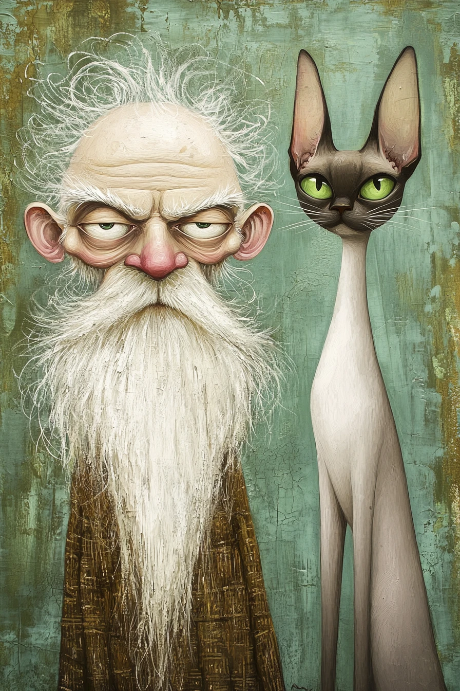 Whimsical folk art portrait of an old man and cat