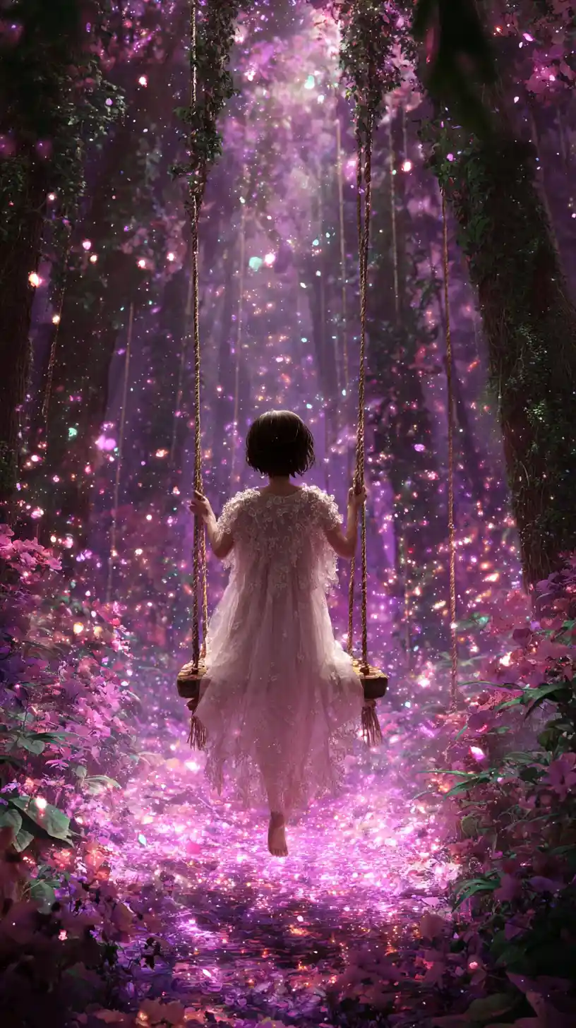 Girl On Swing In Glowing Enchanted Purple Forest
